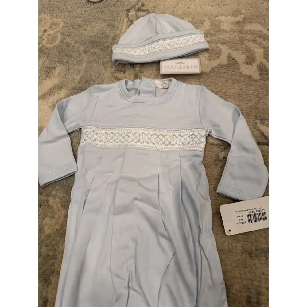 Baby Loren Blue Pima Cotton Smocked Footie & Hat Set 0-3 Months NWT